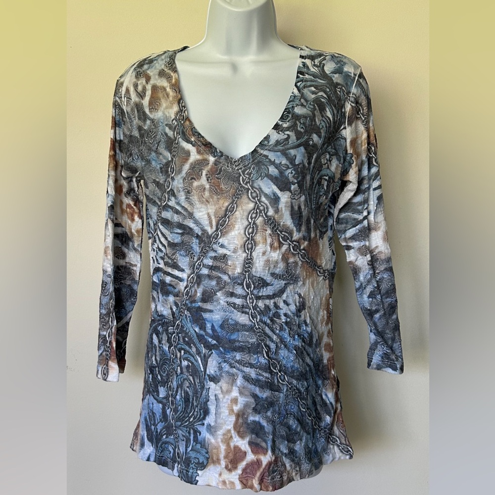 David Cline top blue multicolor baroque print 3/4 sleeves v neck M